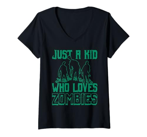Damen Just A Kid Who Loves Zombies Funny Design T-Shirt mit V-Ausschnitt Damen Just A Kid Who Loves Zombies Funny Design T-Shirt mit V-Ausschnitt von Zombie Lover Halloween Kid Fun Men Women Kids