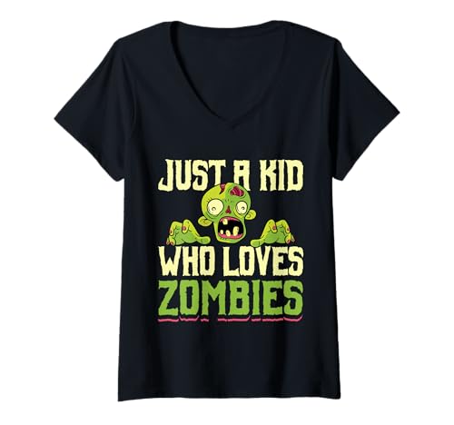 Damen Just A Kid Who Loves Zombies Funny Design T-Shirt mit V-Ausschnitt Damen Just A Kid Who Loves Zombies Funny Design T-Shirt mit V-Ausschnitt von Zombie Lover Halloween Kid Fun Men Women Kids