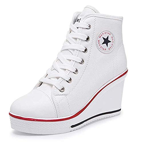 Zomiee Damen-Sneaker mit Absatz, Leinenschuhe mit High-Top, Keilabsatz, Turnschuhe mit Plateau, zum Schnüren, Reißverschluss an der Seite, Pumps, modisch, Weiß - weiß - Größe: 37 EU von Zomiee