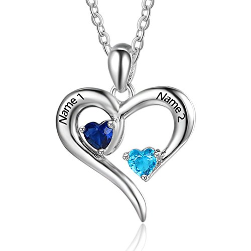 Lam Hub Fong Personalisierte Sterling Silber Halskette 2 Namen simulierte Birthstones Beziehung Halsketten 2 Paar Herz Name gravierte Anhänger für Paare (Silber) von Zomodia