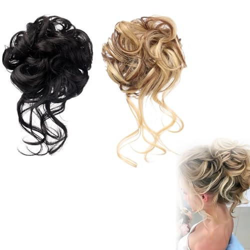 Zonoori 2 Stück Dutt Haarteil Mit Gummiband Clips Schwarz Blond Messy Haargummi für Frauen Mädchen, Helle Aschblond Mix Bleichblond von Zonoori