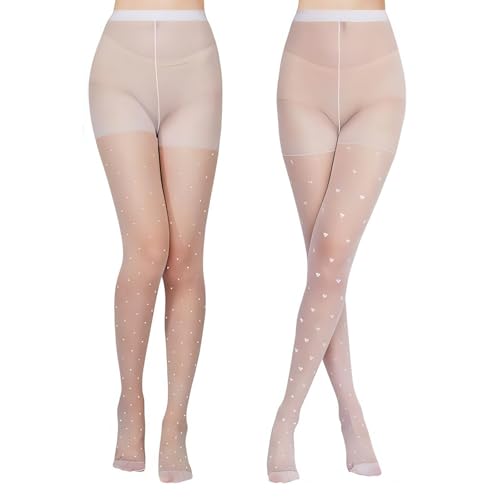 Zonoori 2 Stück Strumpfhose Muster Damen, Punkte und Herzen Feinstrumpfhose Damen Muster von Zonoori