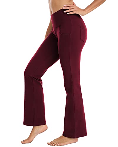 Bootcut Yogahose mit Taschen für Damen, hohe Taille, Fitnessstudio, Workout, ausgestellte Leggings, Bauchkontrolle, Burgunder, M von Zonoss