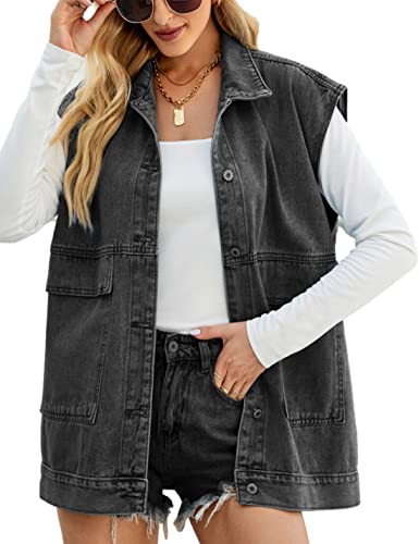 Zontroldy Damen Denim Weste Jacke Oversized Ärmellos Button Down Schwarz Grau M von Zontroldy