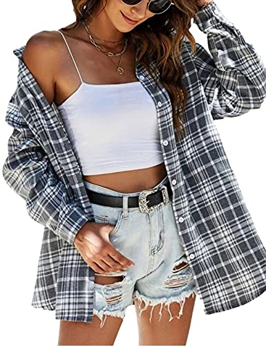 Zontroldy Damen Flanell Plaid Shirts Oversized Lightweight Buffalo Plaid Button Down Shirt Bluse Tops, 01 Hellgrau, X-Groß von Zontroldy