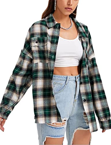 Zontroldy Plaid Flanellhemden für Damen Oversized Langarm Button Down Buffalo Plaid Hemdbluse Tops, #2 Grün, Mittel von Zontroldy