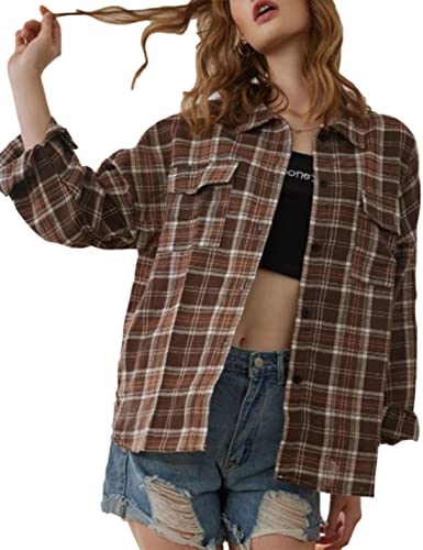 Zontroldy Plaid Flanellhemden für Damen Oversized Langarm Button Down Buffalo Plaid Hemdbluse Tops, #2 Kaffee, X-Groß von Zontroldy