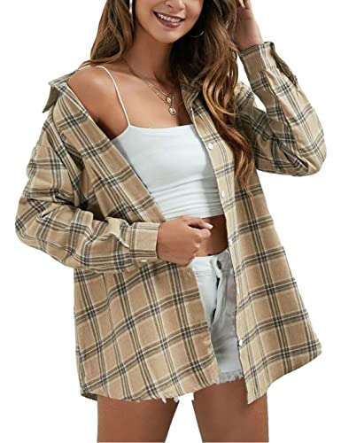 Zontroldy Plaid Flanellhemden für Damen Oversized Langarm Button Down Buffalo Plaid Hemdbluse Tops, Hellkhaki, X-Groß von Zontroldy