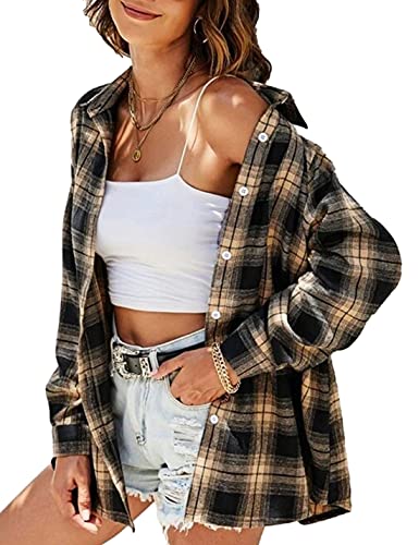 Zontroldy Plaid Flanellhemden für Damen Oversized Langarm Button Down Buffalo Plaid Hemdbluse Tops, Khaki, XX-Large von Zontroldy