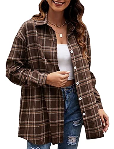 Zontroldy Plaid Flanellhemden für Damen Oversized Langarm Button Down Buffalo Plaid Hemdbluse Tops, braun, Mittel von Zontroldy