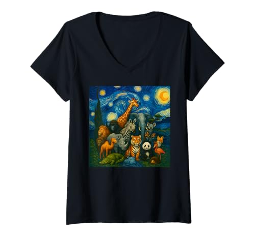 Damen Zootiere Sternennacht Geburtstagsparty für Männer Frauen Kinder T-Shirt mit V-Ausschnitt von Zoo Animal Wildlife Clothes For Kids Boys Girls