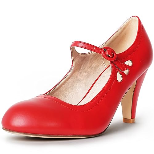 J. Adams Pixie Heels für Damen – Retro Mary Jane Pumps mit Tropfenausschnitt, Rotes veganes Leder, 37 EU von J. Adams