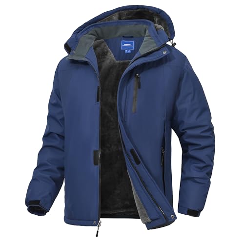 Zoofly Herren Winterjacke Winddichte Skijacke Camping Fleecejacke Atmungsaktiv Abnehmbarer Kapuze Snowboardjacke Mit Tasche For Männer Dunkelblau-XXL von Zoofly
