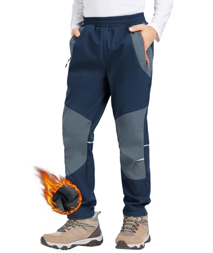 Zoofly Kinder Softshellhose Schneehose Warm Outdoorhose Wanderhose Kinder Skihose Thermohose Jungen Mädchen Gefüttert Trekkinghose Outdoor Hose, Dunkelblau/Grau 134-140 von Zoofly