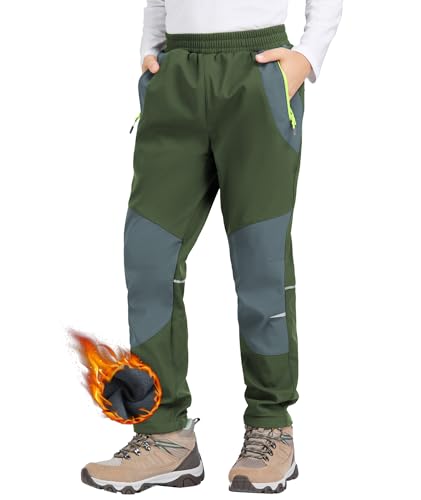 Zoofly Kinder Softshellhose Schneehose Warm Outdoorhose Wanderhose Kinder Skihose Thermohose Jungen Mädchen Gefüttert Trekkinghose Outdoor Hose, Grün/Grau 134-140 von Zoofly
