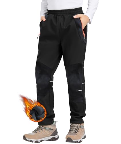 Zoofly Kinder Softshellhose Schneehose Warm Outdoorhose Wanderhose Kinder Skihose Thermohose Jungen Mädchen Gefüttert Trekkinghose Outdoor Hose, Schwarz/Tarnung 122-128 von Zoofly