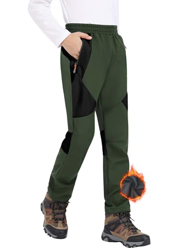 Zoofly Kinder Softshellhose Wasserdicht Hose Winddichte Winter Hose Dünne Skihose Kinder Softshellhose Thermohose Für Jungen Mädchen Gefütterte Hose Schwarz Grün-134-140 von Zoofly