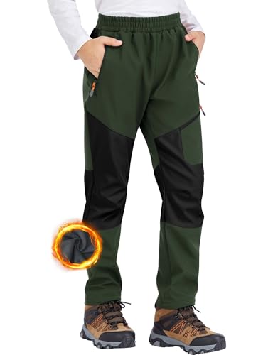 Zoofly Schneehose Kinder Softshell Hose Kind Skihose Jungen wasserdichte Hose Kinder Thermohose Outdoor Hose Kinder Softshellhose Winter Skihose Kinder Fleece Gefüttert Schwarz Grün-134-140 von Zoofly