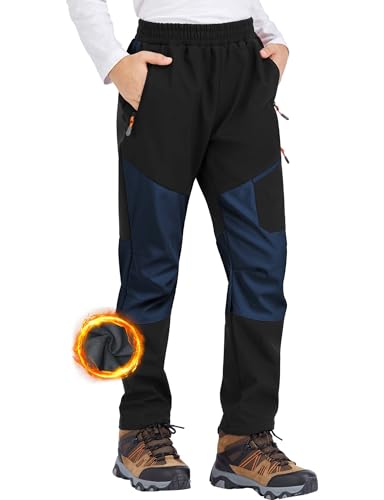 Zoofly Skihose Kinder Softshellhose Wasserdicht Hose Winddichte Winter Hose Dünne Kinder Softshellhose Wanderhose Jungen Thermohose Mädchen Gefütterte Outdoor Hose Funktionshose Blau Schwarz-164-170 von Zoofly