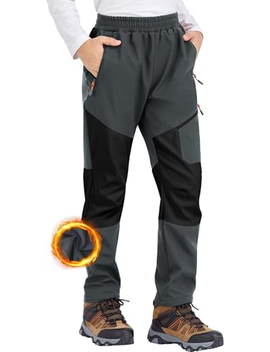Zoofly Skihose Kinder Softshellhose Wasserdicht Hose Winddichte Winter Hose Dünne Kinder Softshellhose Wanderhose Jungen Thermohose Mädchen Gefütterte Outdoor Hose Funktionshose Schwarz Grau-164-170 von Zoofly