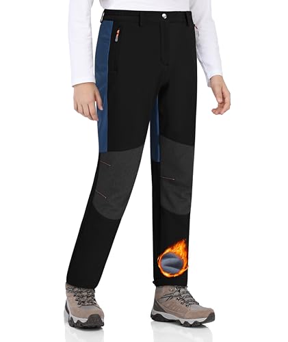 Zoofly Skihose Kinder Winter Softshellhose Warme Skihose Kinder Wasserdichter Schneehose Jungen Gefütterte Jungen Thermohose Warm Mädchen Outdoorhose Warm Kinder Wanderhose Schwarz+Marineblau 122-128 von Zoofly