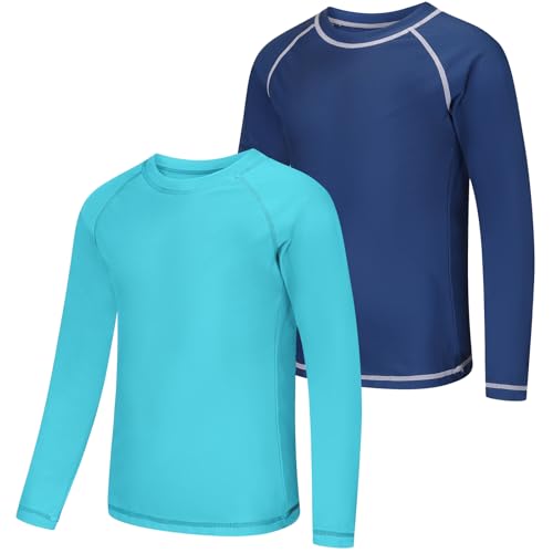 Zoofly UV Shirt Kinder Badeshirt Rashguard-Shirts für Jungen Langarm UPF 50+ Sonnenschutz Rash Vest Kinder UV Kleidung Schwimmen Shirt, 2er-Pack, Himmelblau/Dunkelblau 10-12 Jahre (M) von Zoofly