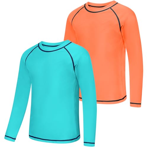 Zoofly UV Shirt Kinder Badeshirt Rashguard-Shirts für Jungen Langarm UPF 50+ Sonnenschutz Rash Vest Kinder UV Kleidung Schwimmen Shirt, 2er-Pack, Orange/Grün 8-10 Jahre (S) von Zoofly