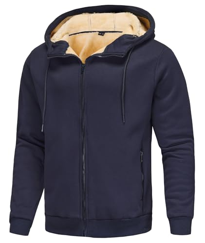 Zoofly Winterjack Thermo Fleece Herren Outdoorjack mit Kapuze Sweatjack Zipper Hoody Warm Gefüttert Mann Reißverschlusstasche 2XL Navy Blau von Zoofly