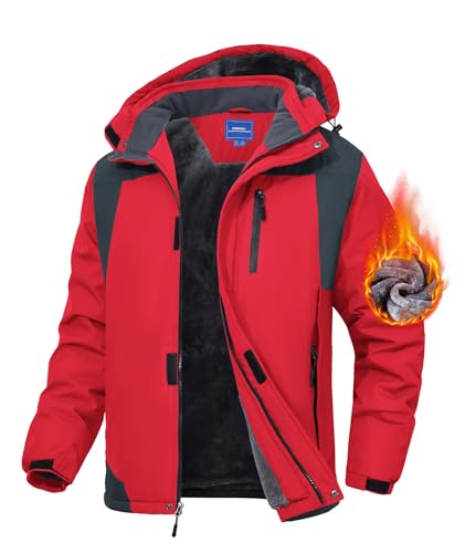 Zoofly Winterjacke Herren Skijacke mit Abnehmbarer Kapuze Fleecejacke Herren Warm Winterjacken für Männer Wasserdicht Rot XXL von Zoofly