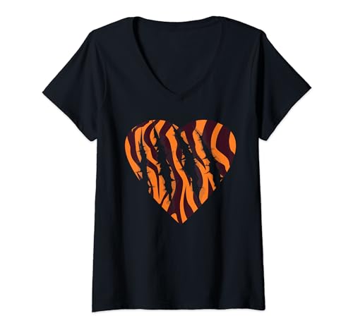 Damen Tigermuster Herz Wildlife Lover T-Shirt mit V-Ausschnitt Damen Tigermuster Herz Wildlife Lover T-Shirt mit V-Ausschnitt von Zookeeper Wild Cat Safari Vintage Crew