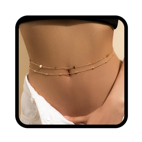 Zookey Boho Bauchkette Gold Pailletten Taillenkette Geschichtete Körperkette Schmuck Accessoires für Frauen und Mädchen von Zookey