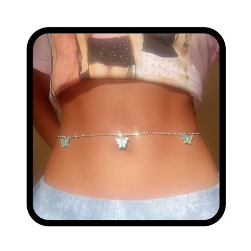 Zookey Boho Strass Taillenkette Schmetterling Bauchkette Silber Sommer Kristall Strand Körperkette Schmuck für Frauen und Mädchen von Zookey