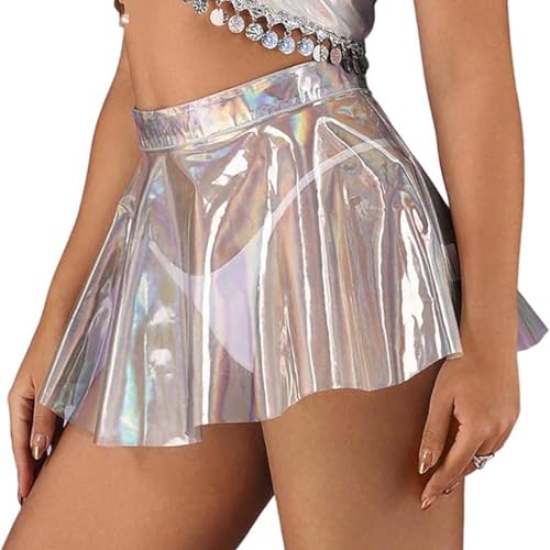 Zookey Damen Transparent Ausgestellter Faltenrock A-Linie Sehen Sie durch Minirock Hohe Taille Rock Glänzend Ausgestellte Röcke für Frauen und Mädchen, XL von Zookey