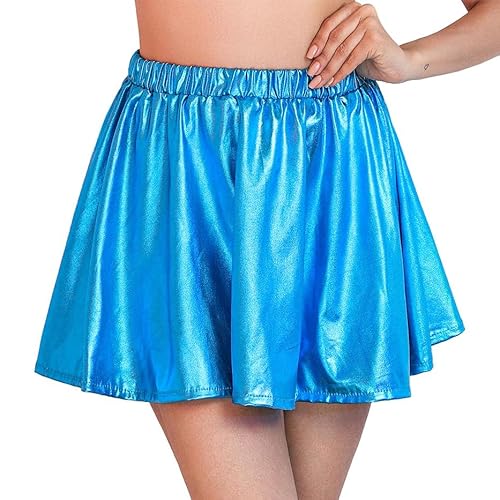 Zookey Damen Metallic Rock Blau glänzend Faltenrock Elastisch Kurz Mini Skater Rock Karneval Rave Rock Outfit für Frauen und Mädchen von Zookey