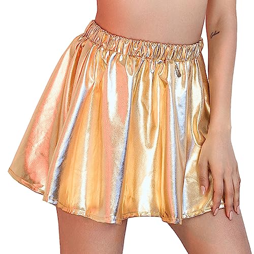 Zookey Damen Metallic Rock Gold glänzend Faltenrock Karneval Rave Rock Elastisch Mini Skater Rock für Frauen und Mädchen von Zookey