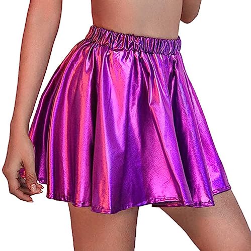 Zookey Damen Metallic Rock Lila glänzend Faltenrock Elastisch Mini Skater Rock Karneval Rave Rock für Frauen und Mädchen von Zookey