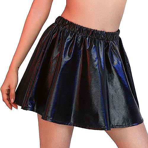 Zookey Damen Metallic Rock Schwarz glänzend Faltenrock Elastisch Mini Skater Rock Karneval Rave Rock für Frauen und Mädchen von Zookey