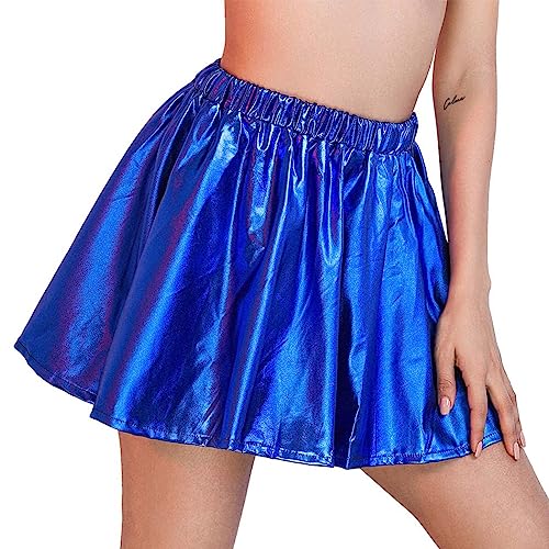 Zookey Damen Metallic Tiefblau glänzend Faltenrock Elastisch Mini Skater Rock Karneval Rave Rock für Frauen und Mädchen von Zookey