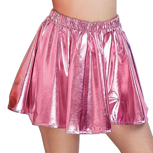 Zookey Damen Metallic Rock Rosa glänzend Faltenrock Kurz Skater Rock Elastisch Karneval Rock Rave Outfit für Frauen und Mädchen von Zookey