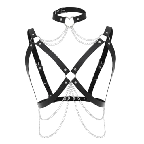 Zookey Gothic Körperkette Schwarz Leder Taillenkette Punk Nachtclub Rave Brust Kette Gürtel BH Schmuck für Frauen und Mädchen, Schwarz , 38 von Zookey