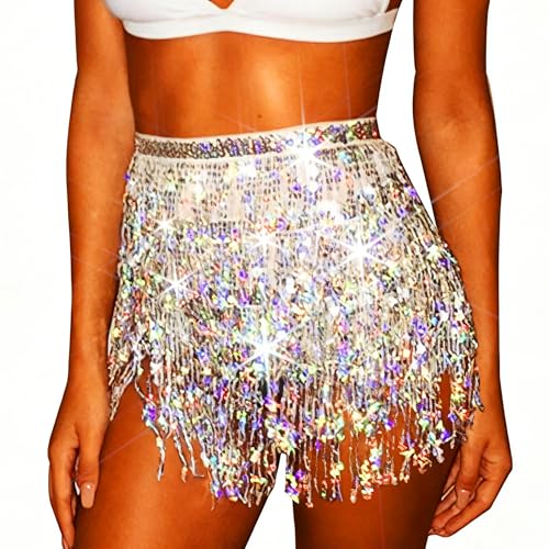 Zookey Pailletten Quaste Rock Bauchtanz Rock Rave Fransen Hüfttuch Kostüm Tanz Mini Wickelröcke für Frauen und Mädchen von Zookey