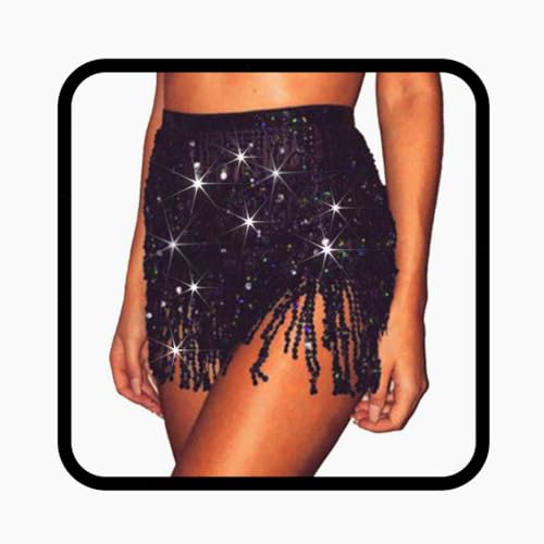 Zookey Pailletten Quasten Rock Rave Fransenrock Rock für Bauchtanz Hüftschal Festival Outfit für Frauen und Mädchen von Zookey