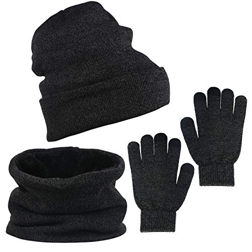ZoomSky 3 in 1 Kombinationsset Warme Strickmütze Dicker Winterschal mit Fleecefutter Damen Wintermütze Winter Handschuhe Herren Strickmütze für Wandern Laufen von ZoomSky