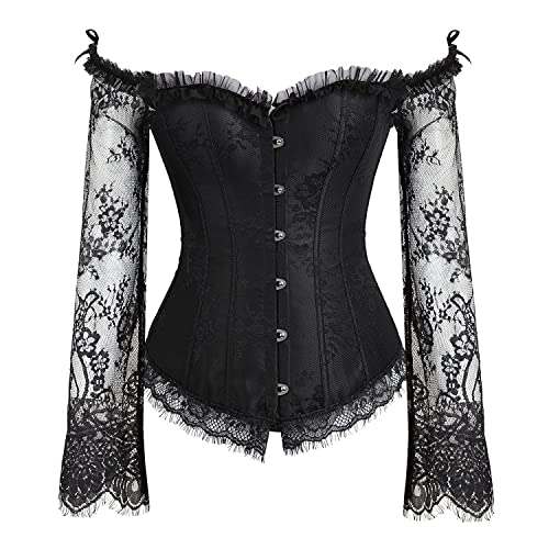 Damen Corsage Top, mit Ärmel Taillen Korsett, Bustier Corset Dirndl Bluse Trachten Shirt (S/UK=4, 1093 Weiß) (2XL, 0183-Schwarz) von Zooma