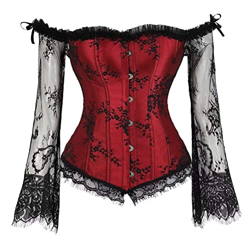 Damen Corsage Top, mit Ärmel Taillen Korsett, Bustier Corset Dirndl Bluse Trachten Shirt (S/UK=4, 1093 Weiß) (2XL, 0183-Rot) von Zooma