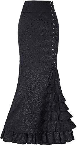 Zooma Damen Fishtail Rock Lang Gothic Steampunk Rock Viktorianische Moderne Meerjungfrau Rock-Schwarz (Blume) von Zooma