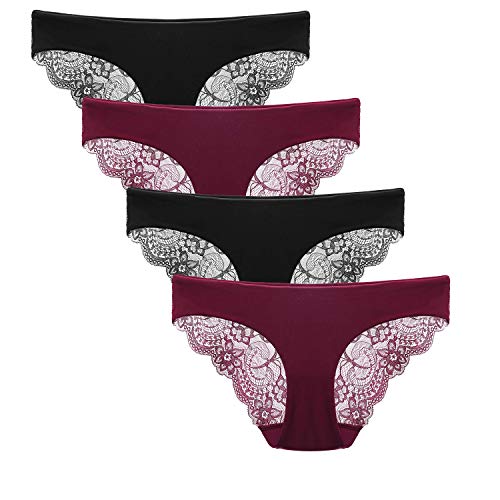 Zooma Damen Spitze Slips Hipster Sexy Bikini Unterwäsche Sotiert, Gr.- M=EU/ 38-42, Weinrot Schwarz 4er Pack von Zooma