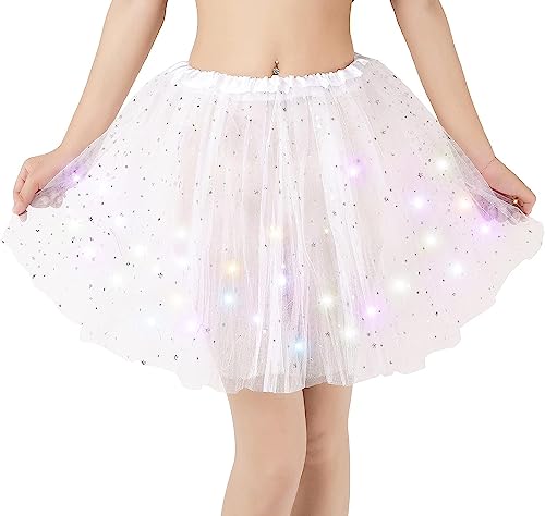 Tutu-Rock, Damen Dehnbar Faltenrock mit Sternen und Pailletten, Tüllrock für kleine Damen, LED-Licht Ballett Tutu-Rock, Partykleid, Prinzessinnenkleidung, Fasching Cosplay Kostüm (Weiß) von Zoomarlous