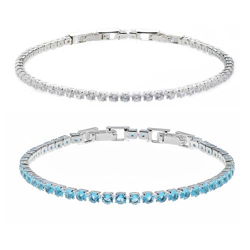 Zoomers Tennis Armbänder Damen Silber Set. Tennisarmband Silber Damen mit Zirkonia.Tennis Bracelet Silver Verstellbarer Länge 17-19CM. 2PC Armband Set.Schmuck Silber Damen Frauen.Aquablau von Zoomers