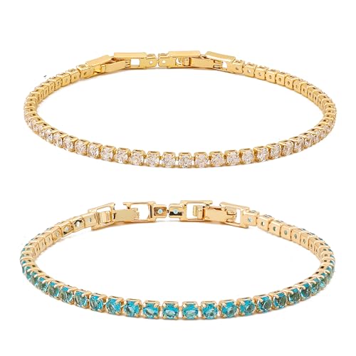 Zoomers Tennis Armband Damen Gold Set. Tennisarmband Gold mit Zirkonia 18K Vergoldet. Tennis Bracelet Verstellbarer Länge 17-19CM. 2PC Armband Set. Schmuck Gold. Aquablau von Zoomers